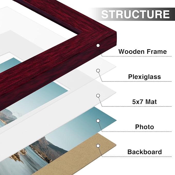 Vittanly 8x10 Picture Frames for Wall Mount & Tabletop, 9 Pack, Cherry Red | Display Pictures 5x7 with Mat or 8x10 without Mat, Small Photo Frames, Engineered Wood with Shatter Resistant Plexiglass