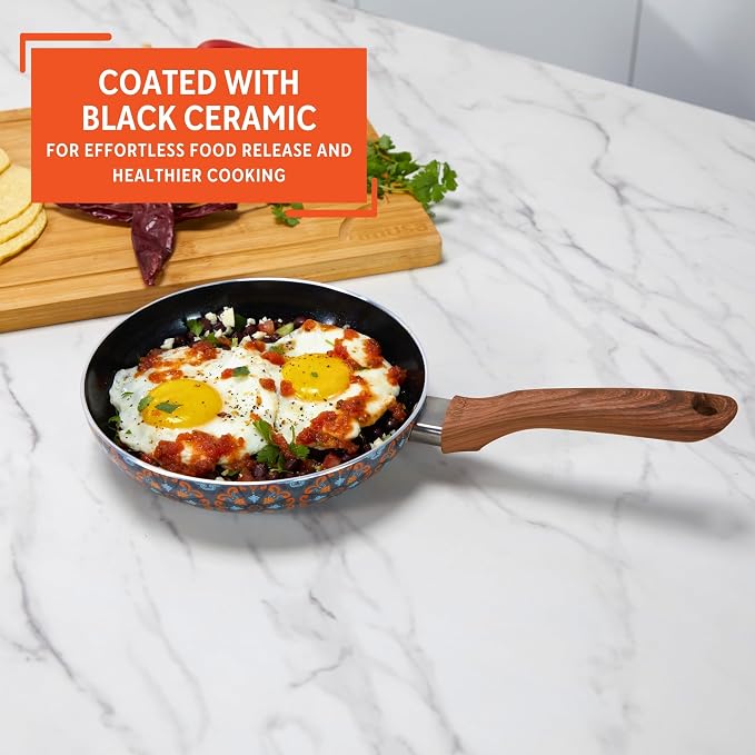 IMUSA 8 Inch Talavera Aluminum Black Ceramic Fry Pan with Woodlook Handle | Ceramic Nonstick, Glass Lid with Helper Handle, Deep Sauté Pan, Ideal for Family Cooking