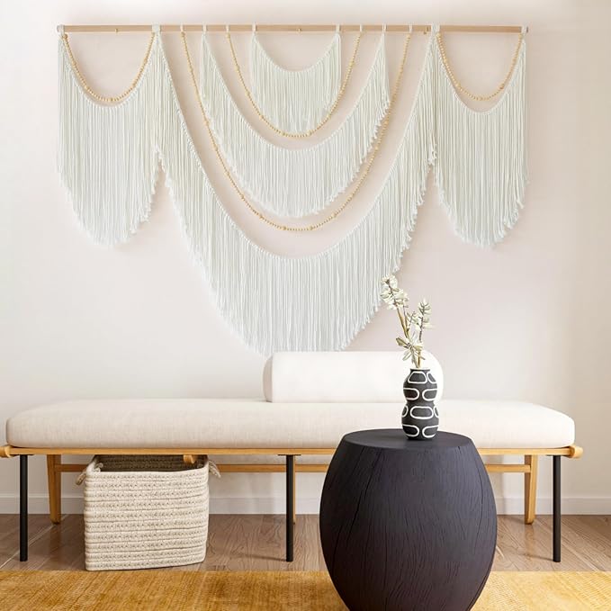 Macrame Wall Hanging Boho Yarn Art Tassel Beaded Handmade Decor 57"W*41"L | Fiber Wall Hanging, Large Wall Decor, Handmade Textile Art, Cotton Rope Craft, Beaded Tassel Accent, for Living Room Bedroom