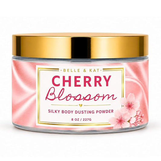Cherry Blossom Scented Body Powder for Men & Women, Bath Perfume Dusting Powder with Fragrance & Essential Oils, Talc Free 8oz Large Container with Puff, Made in USA