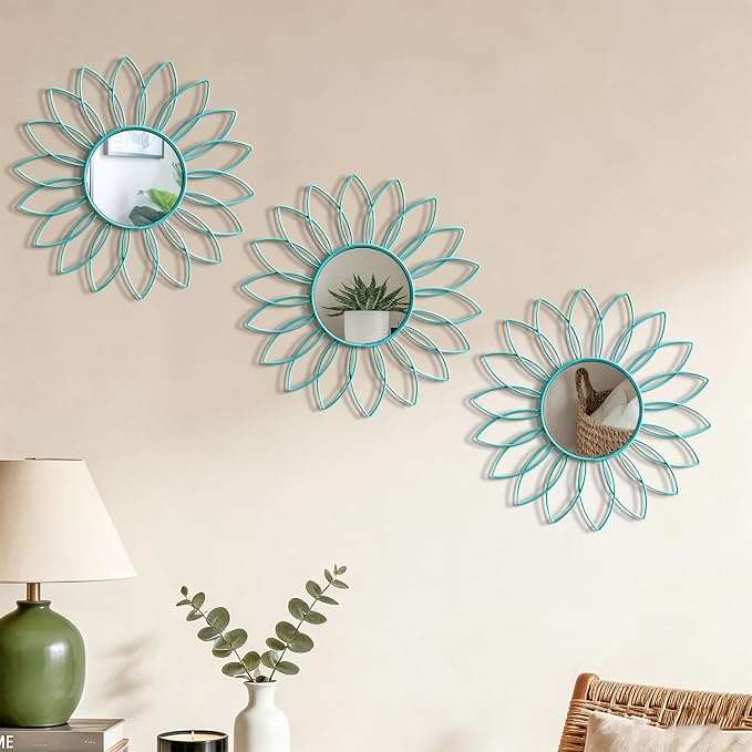 3 Pack Metal Mirrors for Wall Sunburst Wall Mirrors Home Décor Decorative Hanging Wall Art for Living Room Bedroom Entryway (Greenish Blue, Flowers)
