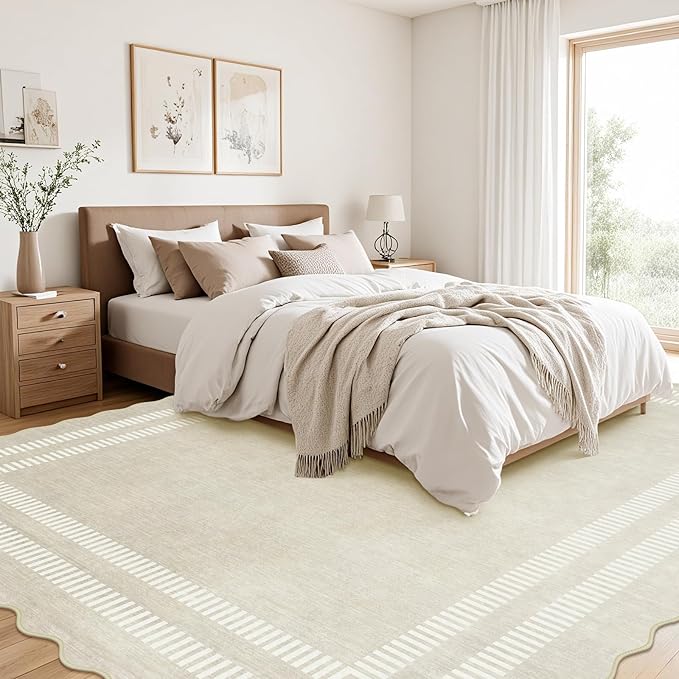 Scalloped Washable 9x12 Area Rugs for Living Room, Ivory Ultra-Thin Bedroom Rug Non-Slip Dining Room Rugs, Soft Indoor Low Pile Carpet for Nursery Kids Room Office