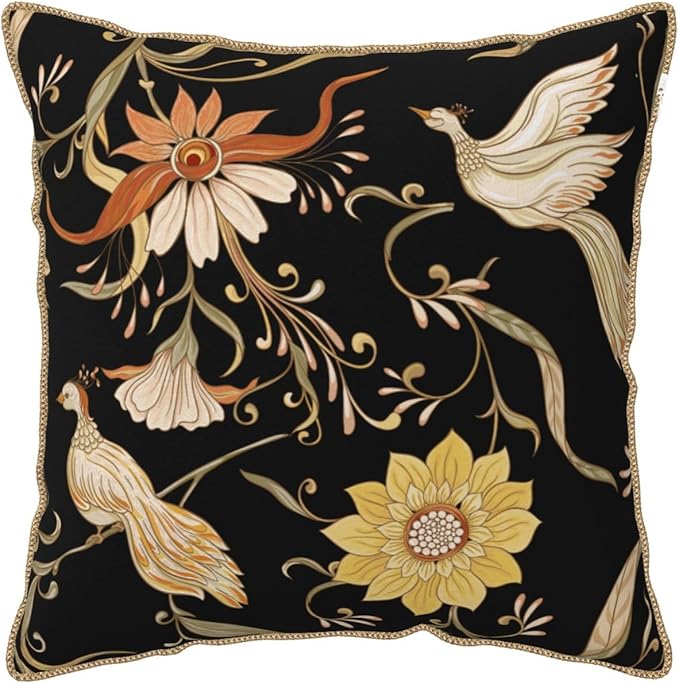 Flowers Birds Velvet Pillow Covers 18x18 Inch Vintage Floral Black Throw Pillows for Couch Farmhouse Cushion Covers Pillowcase Retro Rustic Pillow Cases for Sofa Bed Living Room Outdoor