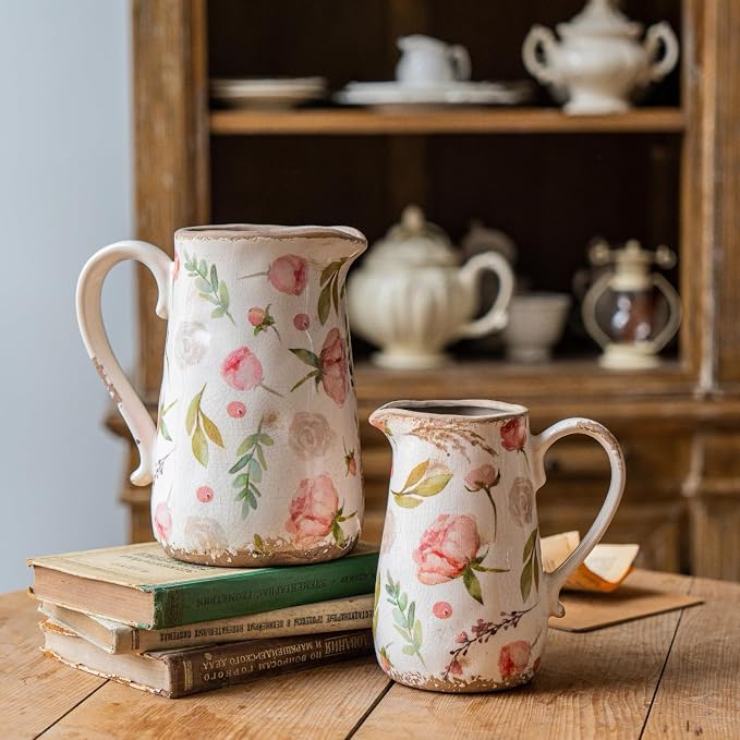 Retro Rustic Large Ceramic Vase with Handle, Distressed Farmhouse Pitcher for Home, Ideal Shelf Decor Floral Vase for Living Room Bedroom Office Table Centerpiece Decorations 9 Inch