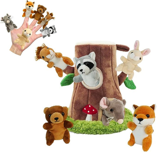6 Pcs Jungle Animals Finger Puppet with Tree Houses,Realistic Soft Plush Puppets for Kids, Novelty Animals Toys Role-Playing Story Finger Puppets Gifts for Boys and Girls