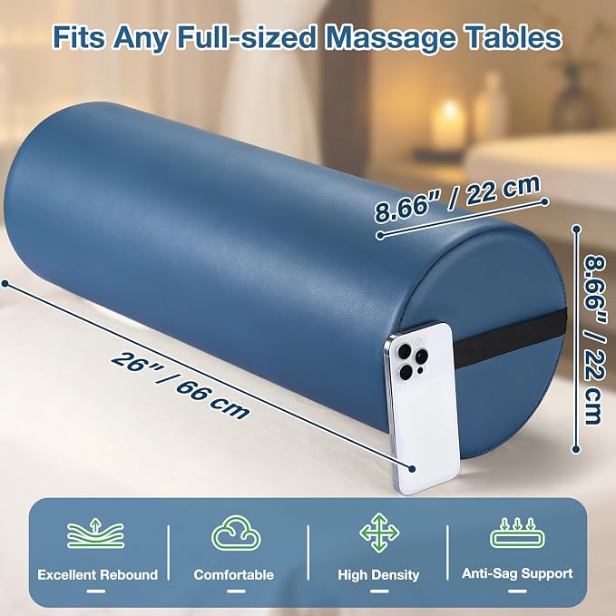 PU Leather Round Bolster Pillow, 26 x 9 Inch Massage Bolsters for Under Legs with Strap Handle Massage Knee Pillow, Exercise Bolster for Legs Massage Table Roll Pillow Leg Bolster for Massage Table