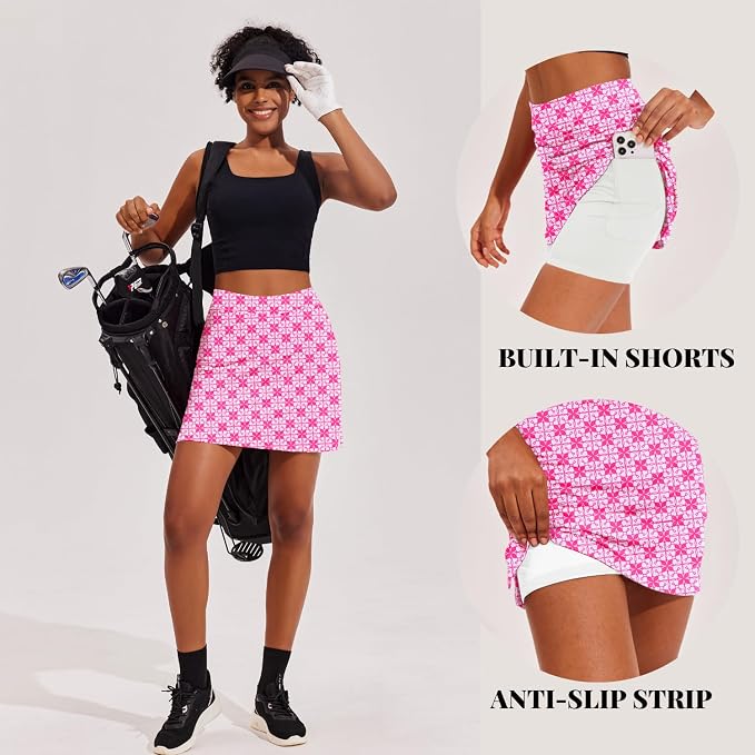 Ekouaer 16" Skorts for Women with Pockets Golf Pickleball Tennis Skirt | Silicone Grippers,2 Inner Pockets,Wide Waist,Side Slit Hem,Breathable,Soft,Lightweight