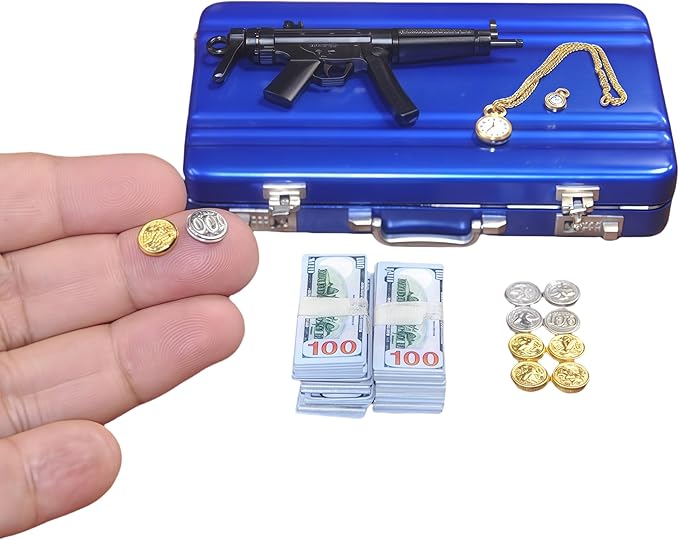 1:6 Scale Miniature Briefcase Set - Includes Fake Gold Bars, Bundles of $100 Mini Dollar Bills, Vintage Coins and Mini Weapons - Unique Adult NoveltyToy & Dollhouse Accessories (Blue)