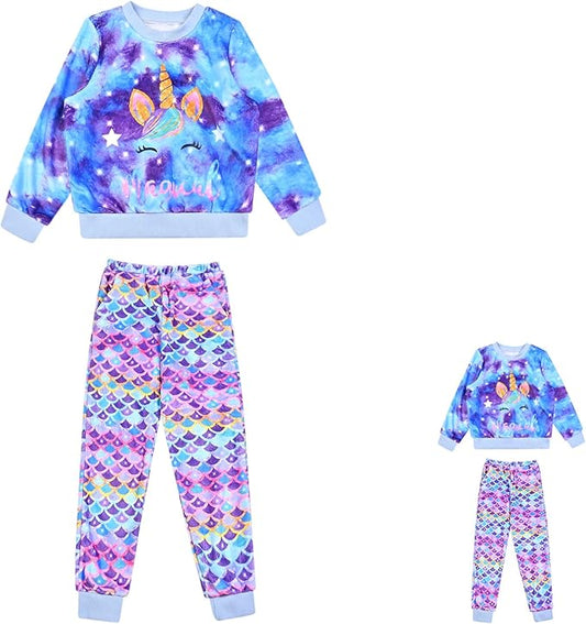 QPANCY Matching Doll & Girls Fleece Pjs Set kids Fall Winter Long Sleeve Sleepwear 2 Piece Pajamas