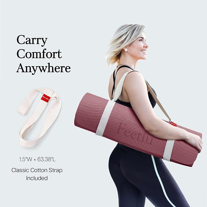 Extra Thick 12mm Exercise Mat – 74"L x 26"W Inch, Non-Slip, Joint-Friendly & Cushioned Fitness Mat for Yoga, Pilates & Floor Workouts – Durable, Supportive & Includes Feetlu Classic Strap