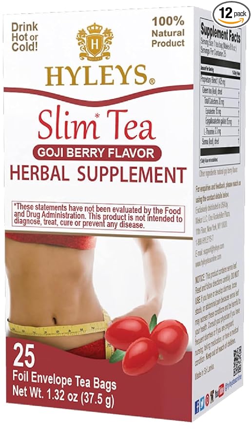 Hyleys Slim Tea Goji Berry Flavor - Weight Loss Herbal Supplement Cleanse and Detox - 25 Tea Bags (12 Pack)