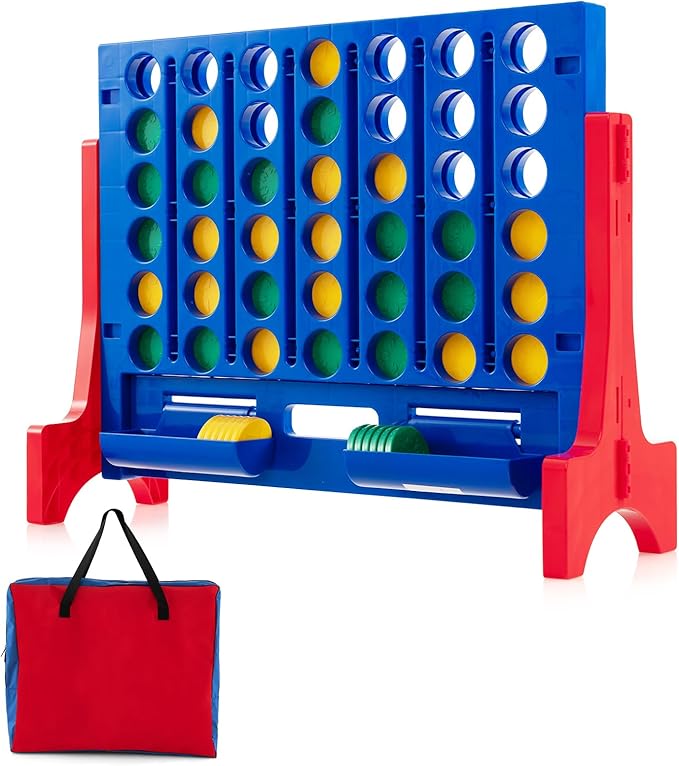COSTWAY Giant 4 in a Row Game with Storage Carry Bag, Jumbo 4-to-Score Game with Chess, Quick Release Slider for Kids Adults, Indoor Outdoor Backyard Game Set, Free-Standing/Wall-mounting (Blue)