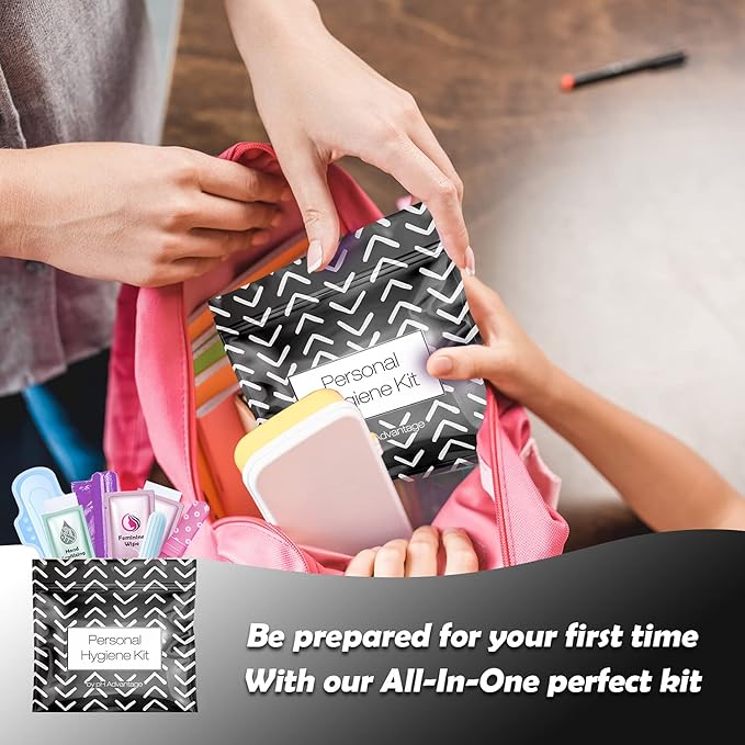 3 x Menstrual All-in-One Kits - Assorted Colors | Convenience on The Go | Single Period Kit Packs | Individually Wrapped Feminine Hygiene Products (Black Treads/Blue Forest/Green Ferns)