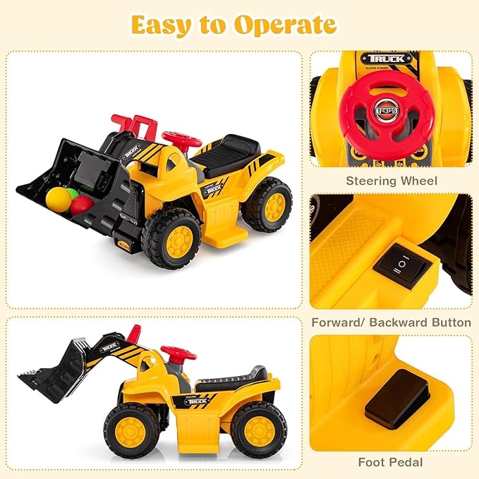Costzon 2-in-1 Ride on Excavator Bulldozer, 6V Electric Excavator Ride on Toy with 3 Balls & Basketball Hoop, Adjustable Bucket, Ride on Construction Vehicles for Kids, Push Car Gift for Boys Girls