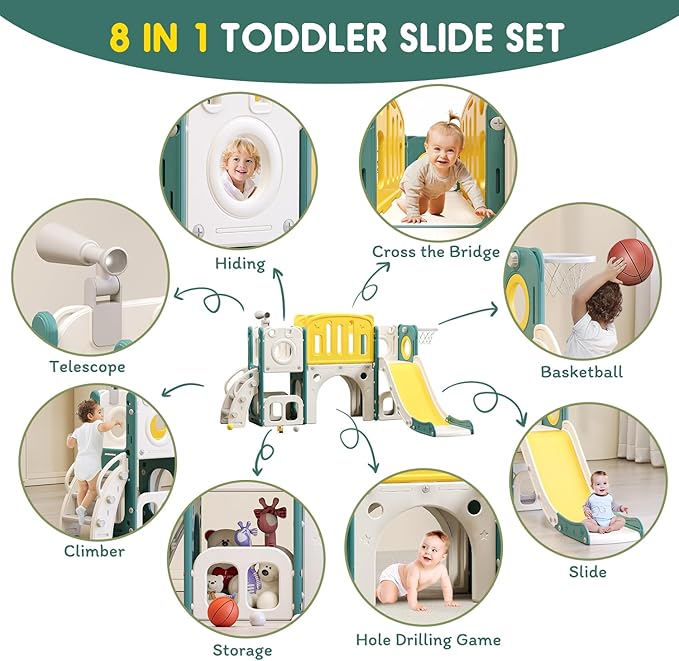 8 in 1 Toddler Slide Set, Kids Slide for Toddlers, Toddler Climber Slide PlaySet with Basketball Hoop,Outdoor Indoor Playground for Toddlers Upgraded
