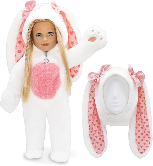 Playtime by Eimmie 18 Inch Doll Clothes and Accessories - Easter Bunny Onesie with Heart Zipper, Pink Paws & Matching Bunny Ear Hat - Fits American, Generation & Other 18" Dolls for Girls