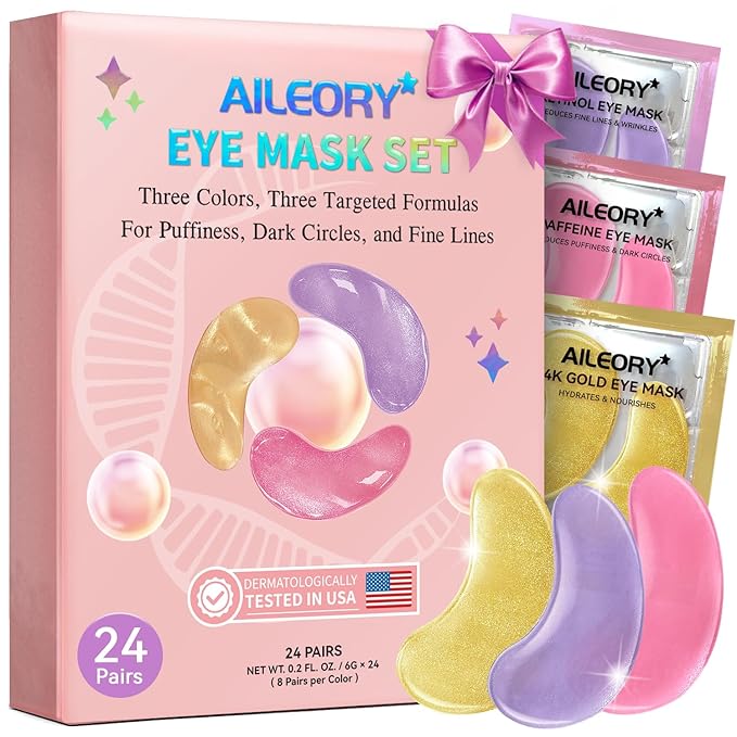AILEORY Under Eye Patches for Dark Circles, Puffiness, Fine Lines, Eye Mask Set with Retinol, 24K Gold, Caffeine, Gel Mask for Birthday & Mothers Day Gifts, Skincare Gift for Women & Men, 24 Pairs