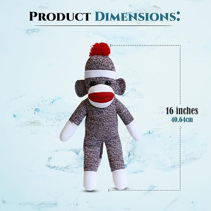 Plushland Adorable Sock Monkey, The Original Traditional Hand Knitted Stuffed Animal Toy Gift-for Kids, Babies, Teens, Girls and Boys Baby Doll Present Puppet (16'' Brown)