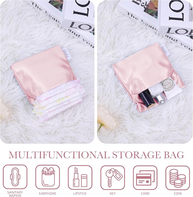 DGAZ Silk Sanitary Napkin Storage Bag, Period Bag for Teen Aged Girls, Portable Period Bag for Panty Liners/Menstrual Cup/Small Tampons，Mini Makeup Bag for Purse(Pink)