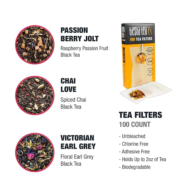 Tiesta Tea - Black Tea Starter Kit, Loose Leaf, Premium Black Gift Set, High Caffeinated, Make Hot or Iced, Variety Pack with 3 Samplers & 100 Disposable Filters