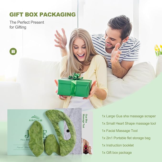 3 PCS Jade Stone Gua Sha Set Face Massager, Body Gua Sha Tool, Jade Gua Sha Facial Tools, Large Guasha Tool For Body, Face, Anti Cellulite, Lymphatic Drainage, Muscle Scraper, Valentine's Day Gifts