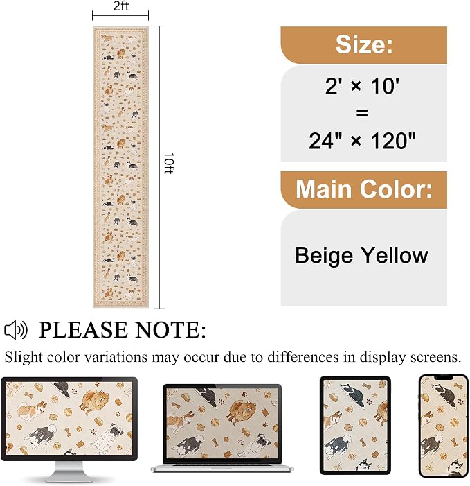 DUKINO 2x10 Kitchen Runner Rug, Washable Dog Rug Soft Non Slip Beige Yellow | Stain Resistant, Low Pile, Non-Shedding Animal Indoor Long Carpet Runner for Hallway Entryway Bathroom Laundry Bedroom