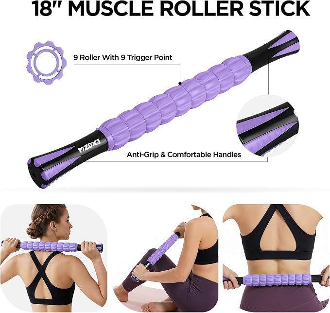 Muscle Roller & Massage Roller Stick for Athletes - Lymphatic Drainage Support, Relieves Muscle Soreness, Cramping & Tightness - Targets Legs, Arms, Back & Calves （Purple - 18inch）