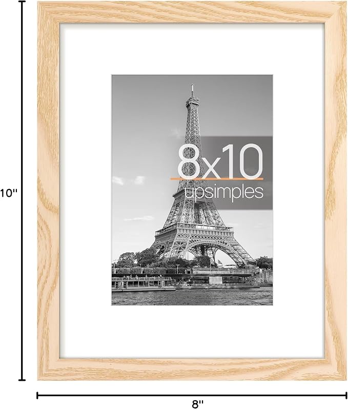upsimples 8x10 Picture Frame, Display Pictures 5x7 with Mat or 8x10 Without Mat, Wall Hanging Photo Frame, Natural Style, 1 Pack