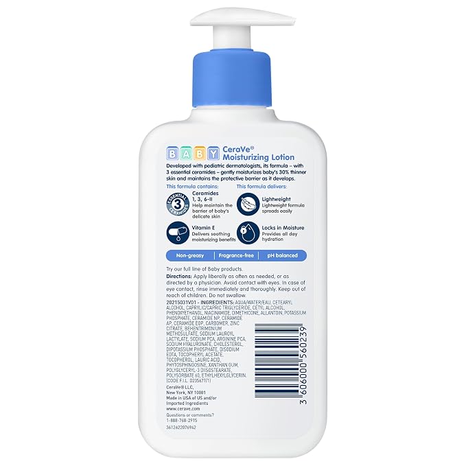 CeraVe Baby Lotion, Gentle Baby Skin Care with Ceramides, Niacinamide & Vitamin E, Fragrance, Paraben, Dye & Phthalates Free, Lightweight Moisturizer, 8 Ounce, Packaging May Vary