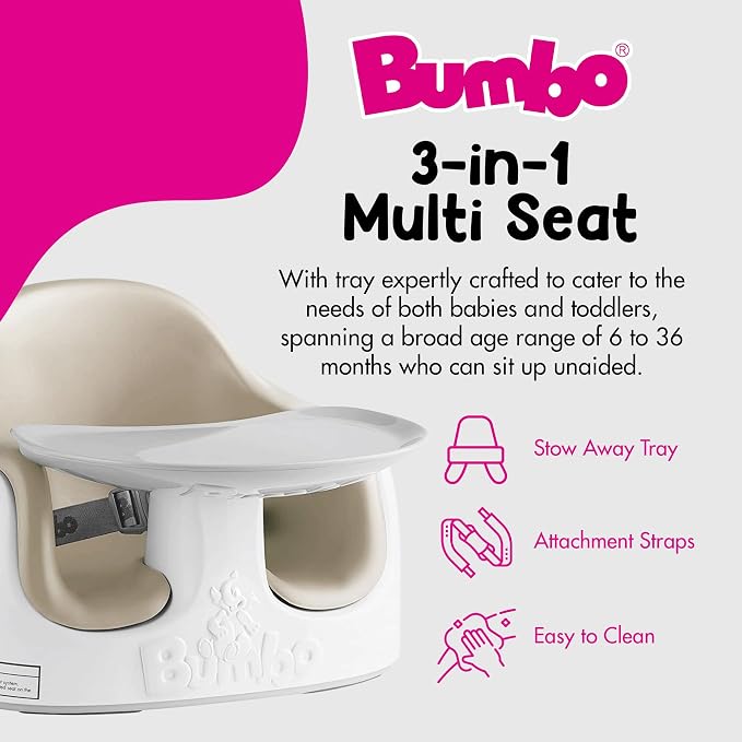 Bumbo 3-in-1 Multi-Seat for 6 to 36 Months, Travel Baby and Infant Feeding & Play Floor Seat, Portable Booster High Chair with Dining and Activity Tray, Taupe