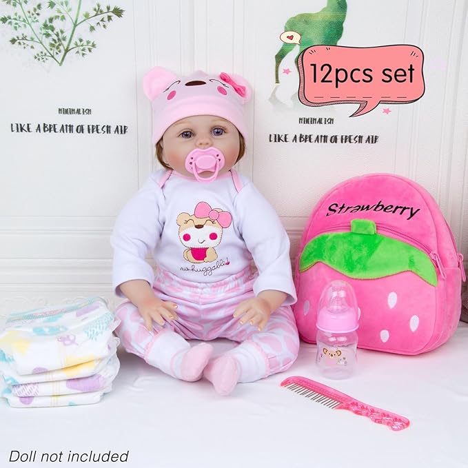 Reborn Baby Dolls Clothes Pink Bear Outfit Accessories 12 Pcs Set for 17-22 Inch Reborn Dolls Newborn Baby Girl with Strawberry Backpack&Feeding Set