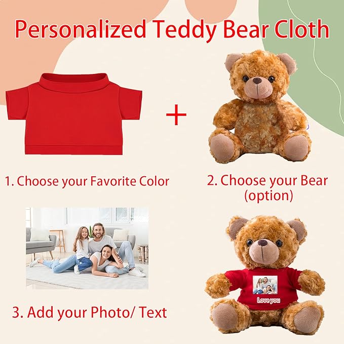 Personalized Teddy Bear Clothes with Photo Text, Custom Stuffed Animal Clothing Fit 8-16inch Stuffed Bear Clothes, Personalized Doll Clothing Make Your Own Plush Doll Shirt