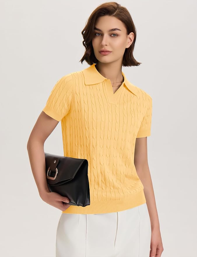 Micoson Womens Short Sleeve Sweater Tops Lapel V Neck Polo Shirts 2026 | Summer Cable Knit Loose Blouses, Business Casual Outfits