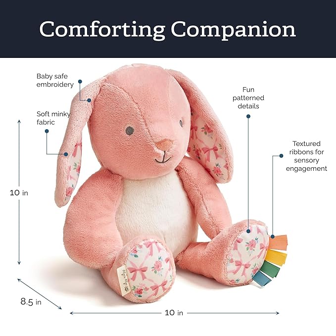 Itzy Ritzy Snuggles Plush Toy – Soft Stuffed Animal for Babies, Kids & Adults – Sensory Ribbons & Textured Fabrics for Tactile Play – Cozy & Cuddly Companion for Newborns & Up (Pink Bunny)