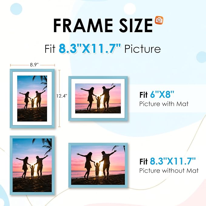 FIXSMITH A4 Picture Frame Set of 2, Blue Photo Frame with HD Plexiglass, Display Pictures 6x8 with Mat or 8.3x11.7 Without Mat Multi Picture Frames Collage for Tabletop or Wall Display