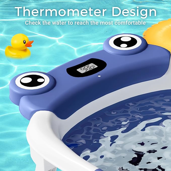 BUNWAG Baby Bathtub, Collapsible Newborn Bathtub for Infant to Toddler with Soft Cushion and Thermometer, Travel Newborn Tub with No-Slip Feet, Baby Shower Gifts, 0-12 Months Baby Bath, Navy Blue