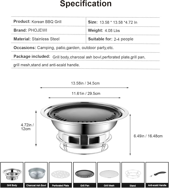 Korean BBQ Grill Charcoal, Small Charcoal Grill 13.7 Inches Portable Grill Stainless Steel Barbecue Grill Tabletop kbbq grill Outdoor Indoor Camping