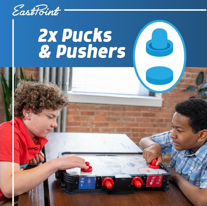 EastPoint Tabletop Air Hockey Table Pro - Black & White - LED Scoreboard for Hockey Game - Includes Pucks & Pushers for Table Games for Kids - Compact Durable Design for Tabletop Play