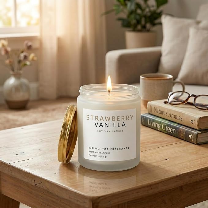 Strawberry Vanilla Scented Candles for Home - 15% Essential Oil Luxury Aromatherapy - Handmade Natural Soy Wax Candle for Relaxation - 9oz Frosted White Jar,50H Clean & Non-Toxic Burn
