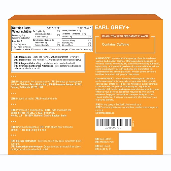 HANDPICK, Earl Grey Black Tea Bags (100 Count) Bergamot Oil | Caffeinated, Earl Grey Tea Bags | Flavoured With Citrus and Bergamot Brew Hot/Iced Tea with or without milk