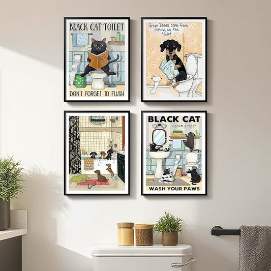 Framed Funny Bathroom Wall Art Decor, 4 Piece Cute Black Cat Dog Canvas Painting Prints, Animal Sitting in Bathtub on Toilet Reading Book Pictures for Kids Bathroom Restroom Wall Decor, 11x14 Inch