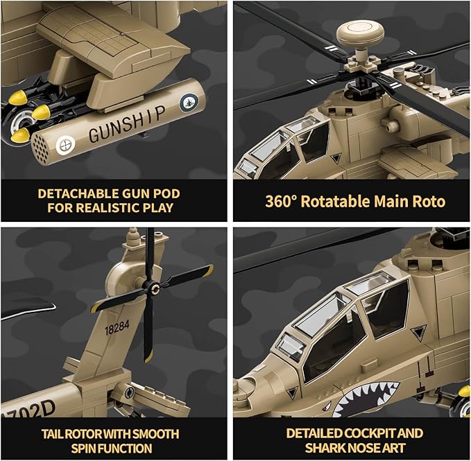AH-64 Military Helicopter Building Set, Compatible with Lego Military Army Airplane, for 8-14 Years Boys and Adults as Gifts