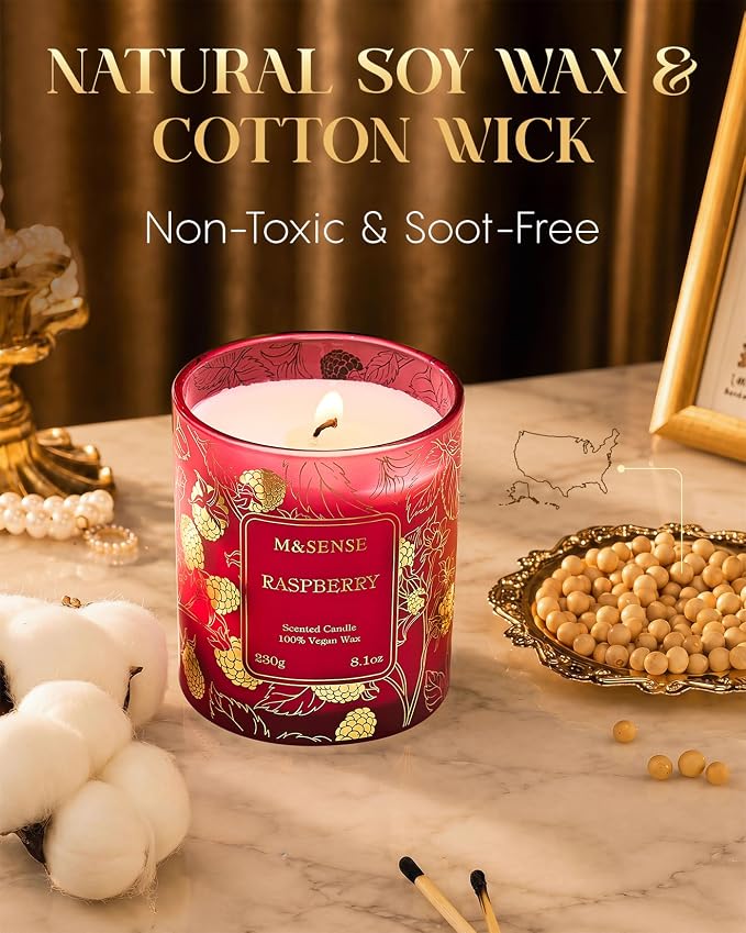 M&SENSE Raspberry Soy Candle, 8.1oz Gilded Glass Winter Gift | 42H Long Burn, Natural Soy Wax, Gilded Glass Jar, Berry Scent, Aromatherapy Calm, Warmer Safe, Reusable Eco Jar