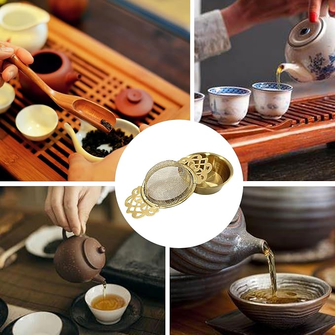 2 Pack Tea Strainers with Drip Bowls, Stainless Steel Tea Strainer Bowl Loose Leaf Tea Filter for 2.5-4 Inch Cup Mouth (Gold)