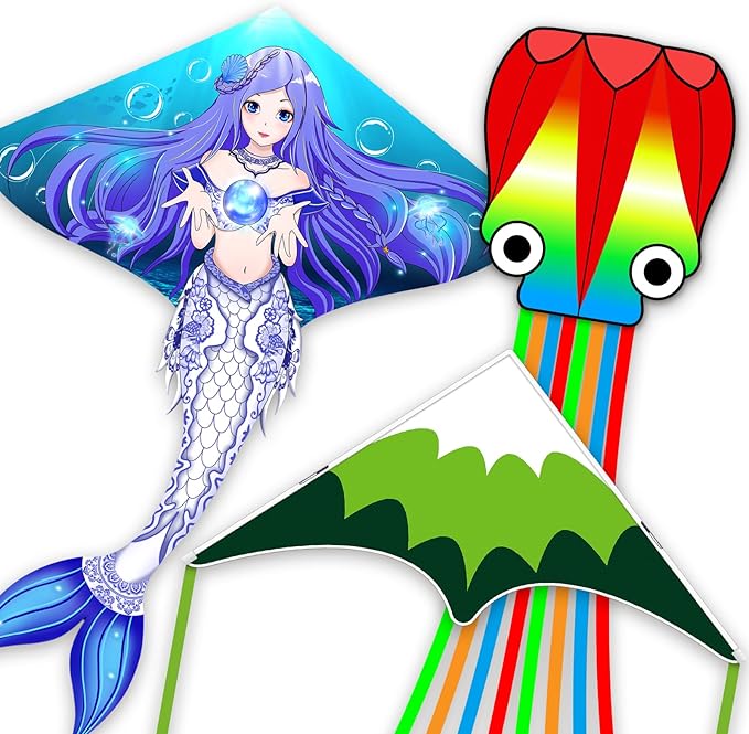 Kites for Adults & Kids Ages 4-8,Beach Kites Easy to Fly for Beginner, with Handle and 328ft Kite String，Best Toy and Gift for Boys & Girls. (Forest+Octopus+Celadon Mermaid, 3)