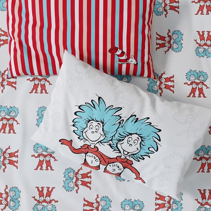 Dr. Seuss Cat in The Hat Kids Bedding, 7 Piece Full Bed Set, Soft Cozy Reversible Comforter and Sheet Set with Sham, Officially Licensed Product by Franco