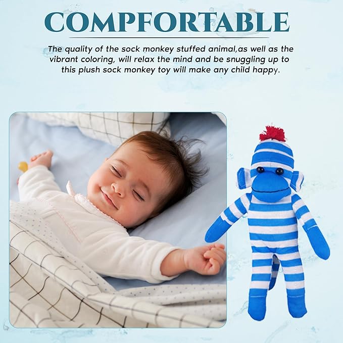 Plushland Adorable Sock Monkey, The Original Traditional Hand Knitted Stuffed Animal Toy Gift-for Kids, Babies, Teens, Girls and Boys Baby Doll Present Puppet (16'' Blue)