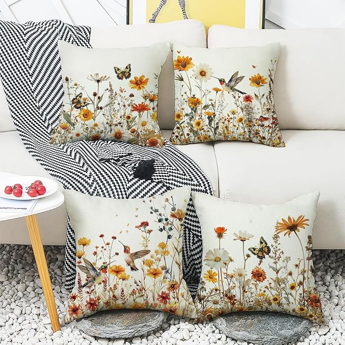 wyooxoo Spring Pillow Covers 18x18 Set of 4 Farmhouse Summer Throw Pillow Covers Floral Decorative Cushion Cases for Sofa Couch Outdoor Bedroom