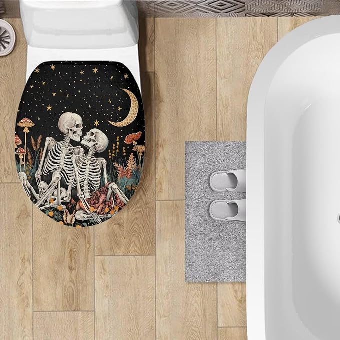 Skeleton Skull Toilet Lid Cover with Elastic Bottom for Bathroom Skull Skeleton Toilet Seat Pads Universal Toilet Tank Cover Replacement Bathroom Dust Cover Replacement