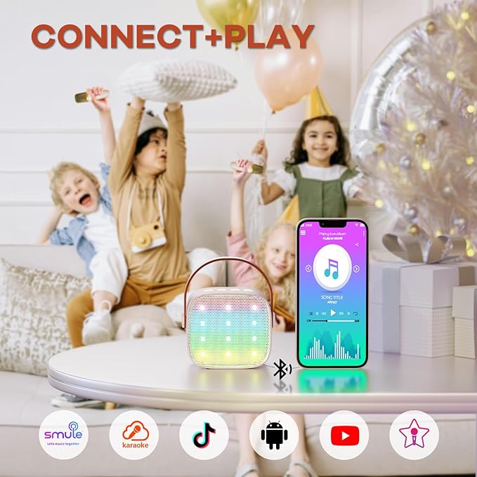 Mini Karaoke Machine with 2 Wireless Microphones for Kids Adults, Portable Bluetooth Speaker Gift for Girls Toys 4, 5, 6, 7, 8, 10, 12+ Years Old Teens Birthday(Beige)